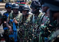 PEMBA, Mozambique (Feb. 4, 2019) Military members from the Tanzania People&#39;s Defence Force are debriefed after a visit, board, search and seizure drill aboard the Mauritius Kora-class Corvette CGS Barracuda (CG 31) while participating in exercise Cutlass Express 2019 in Pemba, Mozambique, Feb. 4, 2019.