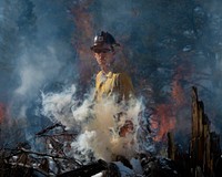 (PERSONNEL ARE FOLLOWING SAFETY PROTOCOLS) U.S. Department of Agriculture (USDA) Forest Service (USFS) Kaibab National Forest fire personnel Brandon Oberhardt (seen), Quentin Ford and Chantel Herrick lead the pile burning operation at the Kaibab National Forest, Tusayan Ranger District, Flying J project area in Arizona, on Dec 3, 2018.