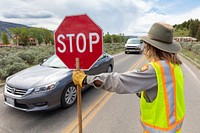 Special projects crew repair the road surface at the Mammoth three-way intersection by Jacob W. Frank. Original public domain image from Flickr