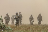 Cavalry scouts with the 1st Battalion, 16th Infantry Regiment, 1st Armored Brigade Combat Team, 1st Infantry Division maneuver toward cover after an air assault during Platinum Lion 19 at Novo Selo Training Area, July 9, 2019.