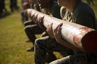 U.S. Marines with the Logistics Combat Element (LCE), Marine Rotational Force – Darwin (MRF-D), conduct log lunges during a field meet at Robertson Barracks, Darwin, Australia, July 22, 2019.