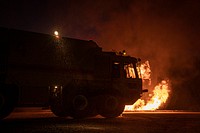 Latvian, Estonian, and Air National Guard firefighters train with rapid response vehicle fire suppression systems during Northern Strike 19 at the Alpena Combat Readiness Training Center in Alpena, Mich., July 22, 2019.