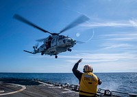 ATLANTIC OCEAN (Sept. 16, 2019) An NH90 helicopter from the Royal Netherlands navy frigate HNLMS Van Speijk (F 828) takes off from the flight deck of the guided-missile destroyer USS Gridley (DDG 101) after Royal Canadian Navy leadership met with leadership of Standing NATO Maritime Group One. Gridley is underway on a regularly-scheduled deployment as the flagship of Standing NATO Maritime Group 1 to conduct maritime operations and provide a continuous maritime capability for NATO in the northern Atlantic.
