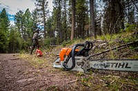 U.S. Forest Service Pintler Ranger District Initial Attack Crewmembers clear smaller timber near the road to improve line of sight in Beaverhead-Deerlodge National Forest Montana, September 18, 2019.USDA Photo by Preston Keres. Original public domain image from Flickr