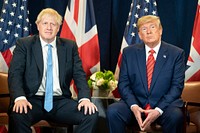 #UNGA President Donald J. Trump participates in a bilateral meeting with British Prime Minister Boris Johnson Tuesday, September 24, 2019, at the United Nations Headquarters in New York City. Vice President Mike Pence attends. (Official White House Photo by Shealah Craiughead). Original public domain image from Flickr