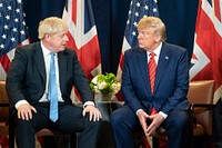 #UNGA President Donald J. Trump participates in a bilateral meeting with British Prime Minister Boris Johnson Tuesday, September 24, 2019, at the United Nations Headquarters in New York City. Vice President Mike Pence attends. (Official White House Photo by Shealah Craiughead). Original public domain image from Flickr