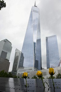 View of the One World Trade Center and the 9-11 memorial with the names of the victims. Original public domain image from Flickr 