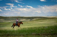 Riding on horseback, Travis Brown, owner of LO Cattle Company, enjoys the healthy grazing pastures and rangeland. Photo taken June 19, 2019 at the LO Cattle Company located in Sand Springs, MT in Garfield County. Original public domain image from Flickr