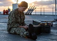 MEDITERRANEAN SEA (Oct. 18, 2019) Fire Controlman 2nd Class Emily Yanke prepares .50-caliber ammunition before a live-fire exercise aboard the Blue Ridge-class command and control ship USS Mount Whitney (LCC 20) in the Mediterranean Sea, Oct. 18, 2019.