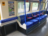 One of several images showing the variations in colour of the 'Barman' design seats inside London Underground Piccadilly line 1973 tube stock trains.