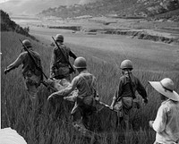 Marine wounded being carried from the front lines to a forward aid station. [Litters. Transport of sick and wounded.] [Korean War.] [Scene.] Korea - Land Evacuation. Original public domain image from Flickr