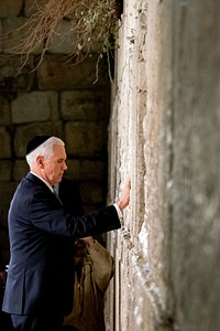 Vice President Pence and Mrs. Pence at the Western WallVice President Mike Pence prays Thursday, Jan. 23, 2020, at the Western Wall in Jerusalem. (Official White House Photo by D. Myles Cullen). Original public domain image from Flickr