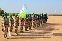 AMISOM soldiers in Beletweyne, Somalia, line up in a guard of honour for outgoing AMISOM Sector Four Commander, Col. Mohamed Ibrahim Moussa on 16 February 2020. AMISOM Photo. Original public domain image from Flickr