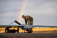 U.S. Army Pfc. Antonio Arriola, left, and Staff Sgt. Matt Hedges, Soldiers with the New Jersey National Guard’s Det. 1, D Co., 104th Brigade Engineer Battalion “Skydevils” perform ops checks on a RQ-7B Shadow unmanned arial system on Joint Base McGuire-Dix-Lakehurst, N.J., Feb. 10, 2020.