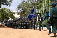 Somali Federal Darwish Police who are part of the Somali Police Force (SPF) march during the pass-out ceremony of a paramilitary training held at the General Kahiye Police academy, Mogadishu, Somalia on 13 February 2020. AMISOM Photo / Omar Abdisalan. Original public domain image from Flickr
