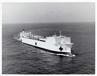 Pacific Ocean A starboard bow view of the hospital ship USNS Mercy (T-AH-19) underway during sea trials. 4 Apr 1986 [Ship] USNS Mercy, T-AH-19 hospital ship Navy Medicine Historical Files Collection - Ships. Original public domain image from <a href="https://www.flickr.com/photos/navymedicine/49730216718/" target="_blank">Flickr</a>