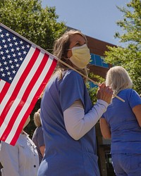 U.S. Air National Guard F-16 Fighting Falcon fighter jets from the South Carolina Air National Guard’s 169th Fighter Wing salute the medical professionals and first responders of South Carolina with a statewide flyover of more than 60 hospitals, including the Prisma Health Tuomey Hospital in Sumter, South Carolina, April 27, 2020