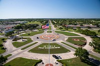 A view from the observation deck of the water tower/12th Flying Training Wing Headquarters, "The Taj Mahal"; or just &"The Taj" at Joint Base San Antonio (JBSA) - Randolph, Texas, shows it was clearly built to be the center of aircrew training for a wide range of aircraft at this "air city" like many military bases, with its own community, including family homes, stores, children's schools, theater, church and recreational areas such as a golf course and wildlife habitat, on April 23, 2020.
