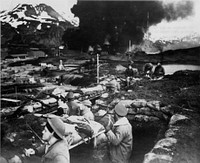 First photographs of Japanese Attack on Dutch Harbor, 06/03-04/1942 - Marines on the "alert" between attacks at Dutch Harbor.