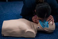 BALTIC SEA (June 6, 2020) Information Systems Technician 2nd Class Ibbel Bustillos, assigned to the Blue Ridge-class command and control ship USS Mount Whitney (LCC 20), performs CPR on a training dummy during a CPR training on the ship while in the Baltic Sea, June 6, 2020.