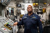 ATLANTIC OCEAN (May 24, 2020) Jonathan Montgomery, a civil service mariner assigned to the Blue Ridge-class command and control ship USS Mount Whitney (LCC 20), poses for a photo in the ship&rsquo;s engine control room.