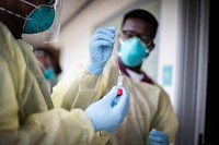 U.S. Sailors assigned to Fleet Surgical Team Three, Expeditionary Strike Group Three, hold a COVID-19 test swab while conducting COVID-19 testing in San Diego, California. (U.S. Marine Corps photo by Cpl. Dalton S. Swanbeck). Original public domain image from Flickr