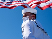 GAETA, Italy (July 9, 2020) Information Systems Technician Seaman Russell Brown prepares to lower the ensign aboard the Blue Ridge-class command and control ship USS Mount Whitney (LCC 20) in Gaeta, Italy, July, 20, 2020.