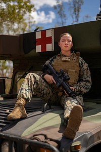 U.S. Marine Corps Cpl. Autumn Hettich, a motor transport operator with Logistics Combat Element, Marine Rotational Force - Darwin prepares to transport simulated casualties in Mount Bundey Training Area, Northern Territory, Australia, Aug. 4, 2020.