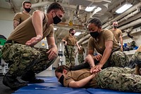 GENOA, Italy (Aug 17, 2020) Sailors train during Ships Reaction Force Bravo training aboard the Blue Ridge-class command and control ship USS Mount Whitney (LCC 20) during the ships dry dock phase in San Giorgio Del Porto in Genoa, Italy, Aug. 17, 2020.