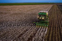 Aerial view of the Schirmer family, fellow farmers and workers, during the cotton harvest at the Ernie Schirmer Farms, in Batesville, TX, on August 22, 2020.