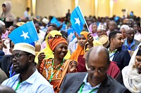 Senior officials of the Federal Government of Somalia and Federal Member States, members of civil society organizations at the closing session of the national constitutional convention in Mogadishu on 15 May 2018. Original public domain image from Flickr