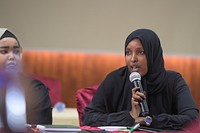 A participant speaks during women's political representation forum organised by the office of Political Affairs of the African Union Mission in Somalia (AMISOM), in Mogadishu, Somalia on 2 November 2020. AMISOM Photo/ Omar Abdisalan. Original public domain image from Flickr