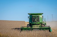 A farmer harvests a soybean field near New London, Md., October 17, 2020.USDA/FPAC photo by Preston Keres. Original public domain image from Flickr