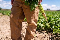 Ryan Gilbert, sixth-generation farmer, holds a young sugar beet on the Michael family farm.