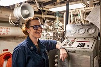 ROTA, Spain (March 14, 2021) Electrician&rsquo;s Mate 1st Class Racquel Gunnel poses for a photo in the main engineering space aboard the Arleigh Burke-class guided-missile destroyer USS Porter (DDG 78) while the ship returns to Rota, Spain, March 14, 2021.