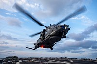 BRITISH ISLES (May 22, 2021) An SH-90A helicopter assigned to the 4th Helicopter Group of the Italian Navy takes off from the flight deck of the Arleigh Burke-class guided-missile destroyer USS Paul Ignatius (DDG 117) during exercise At-Sea Demo/Formidable Shield, May 22, 2021.