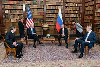 President Joe Biden and Russian President Vladimir Putin participate in a tete-a-tete during a U.S.-Russia Summit on Wednesday, June 16, 2021, at the Villa La Grange in Geneva. (Official White House Photo by Adam Schultz). Original public domain image from Flickr