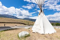 North Entrance teepee installation event: Crow-style teepee and Electric Peak. Original public domain image from Flickr