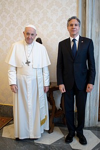 Secretary Blinken Meets With Pope Francis. Secretary of State Antony J. Blinken meets with Pope Francis, in Vatican City, the Holy See on June 28, 2021. [Photo provided by The Vatican]. Original public domain image from Flickr