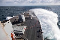 BRITISH ISLES (May 24, 2021) The Arleigh Burke-class guided-missile destroyer USS Paul Ignatius (DDG 117) conducts a full power run while transiting the Atlantic Ocean during exercise At-Sea Demo/Formidable Shield, May 24, 2021.
