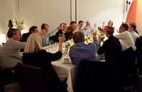 President Barack Obama joins a toast with Technology Business Leaders at a dinner in Woodside, California, Feb. 17, 2011.