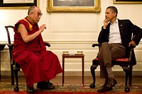 President Barack Obama meets with His Holiness the XIV Dalai Lama in the Map Room of the White House, Saturday, July 16, 2011.