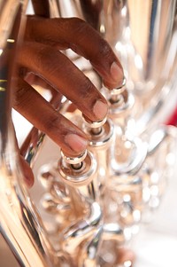 Fingers of a person playing a horn.Original public domain image from Flickr