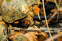 U.S. Marine Corps Lance Cpl. Matthew Guerrero, background, assigned to Fleet Antiterrorism Security Team (FAST) Pacific, uses a spotting scope to help Lance Cpl. Timothy Gainey identify a target while participating in a live-fire exercise at Camp Rodriguez in South Korea March 4, 2012.