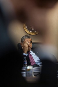 President Barack Obama is briefed in advance of his trip to the Republic of Korea during a meeting in the Situation Room of the White House, March 23, 2012.