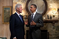 President Barack Obama talks with former President Bill Clinton before an event in McLean, Va., Sunday, April 29, 2012.