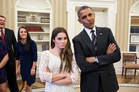 President Barack Obama jokingly mimics U.S. Olympic gymnast McKayla Maroney's "not impressed" look while greeting members of the 2012 U.S. Olympic gymnastics teams in the Oval Office, Nov. 15, 2012.