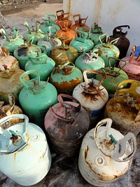 December 2, 2012 - Colorful Freon tanks, ready for recycling.Since EPA's response to Hurricane Sandy began, 45 freon tanks have been staged and are awaiting reclamation/recycling. U.S. EPA photo by Jeanethe Falvey. Original public domain image from Flickr