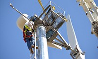 A contractor makes adjustments to the wind turbine 120 feet above Buckhorn Recreation Area at Black Butte Lake, a U.S. Army Corps of Engineers Sacramento District park, near Orland, Calif.