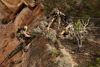 U.S. Air Force pararescuemen, rangers with the National Park Service in Arizona and local fire and rescue crews participate in a mass casualty exercise at the Grand Canyon in Arizona April 13, 2013, during exercise Angel Thunder 2013.